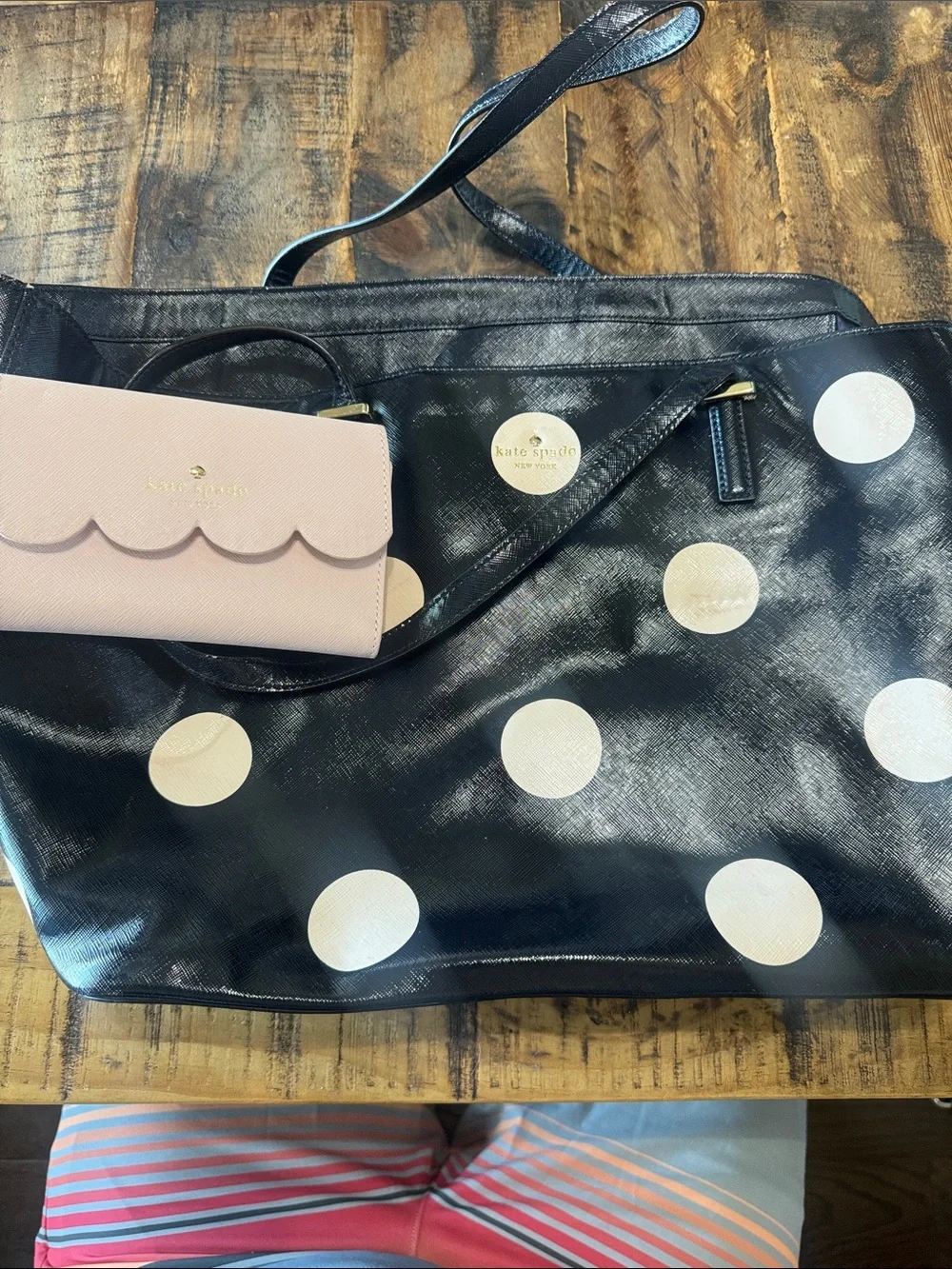kate spade Navy Tote with Cream Polka Dots and Pink Wallet